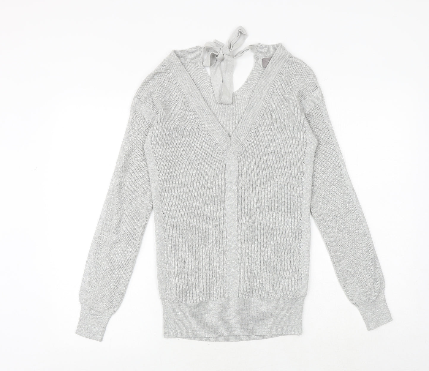 NEXT Womens Silver V-Neck Nylon Pullover Jumper Size 8