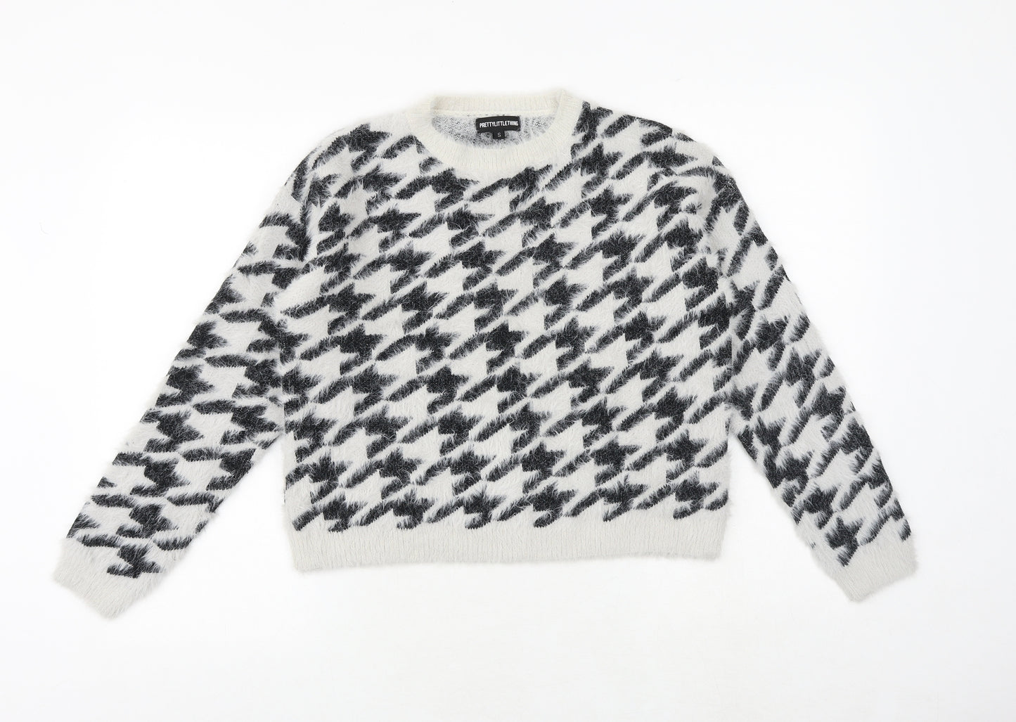 PRETTYLITTLETHING Womens Black Round Neck Geometric Nylon Pullover Jumper Size S