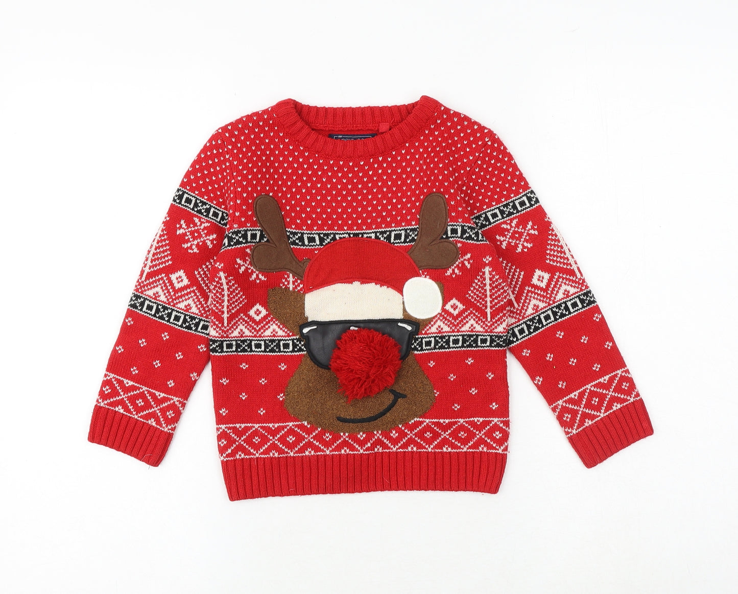 NEXT Boys Red Round Neck Geometric Acrylic Pullover Jumper Size 4 Years Pullover - Christmas Reindeer