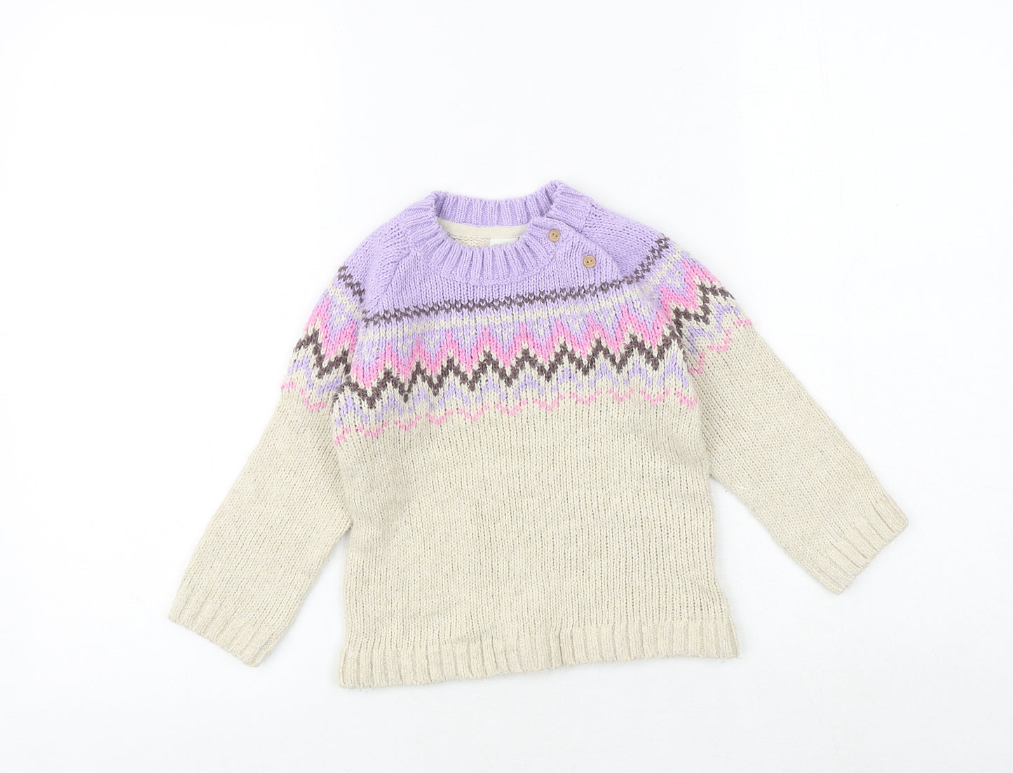 H&M Girls Beige Crew Neck Geometric Cotton Pullover Jumper Size 2-3 Years Button