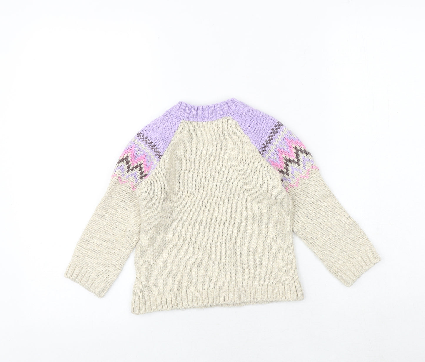 H&M Girls Beige Crew Neck Geometric Cotton Pullover Jumper Size 2-3 Years Button