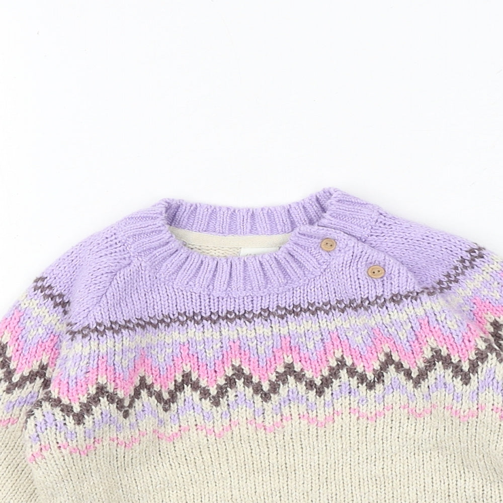H&M Girls Beige Crew Neck Geometric Cotton Pullover Jumper Size 2-3 Years Button
