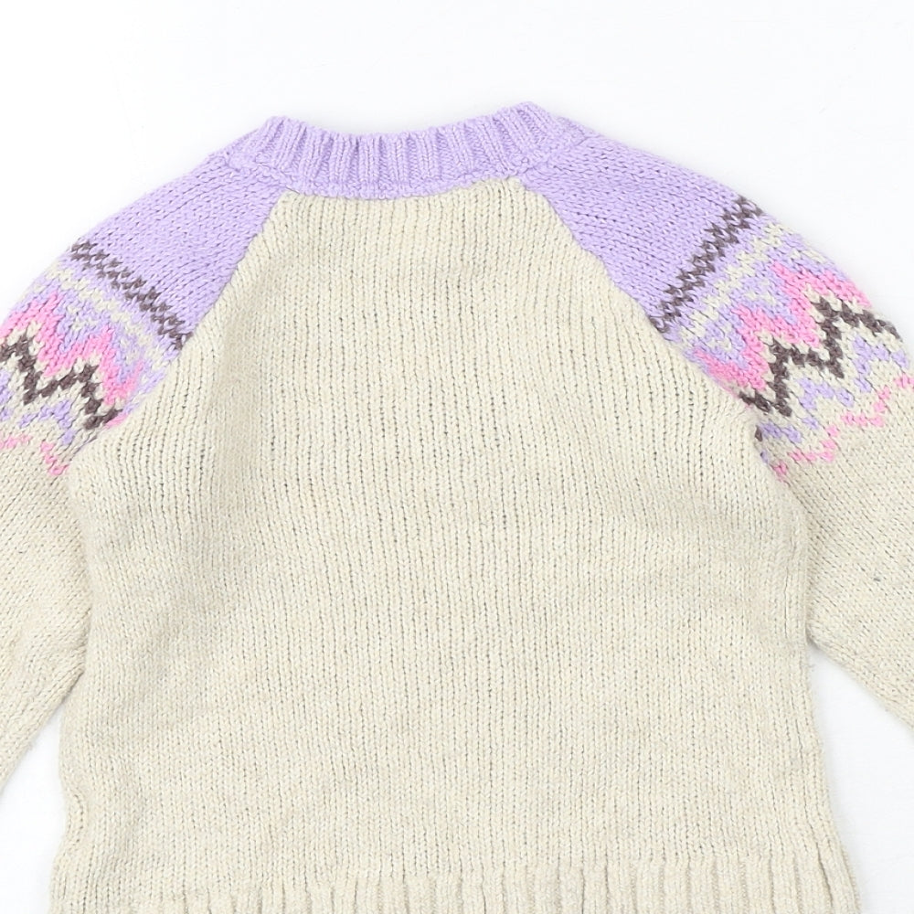 H&M Girls Beige Crew Neck Geometric Cotton Pullover Jumper Size 2-3 Years Button