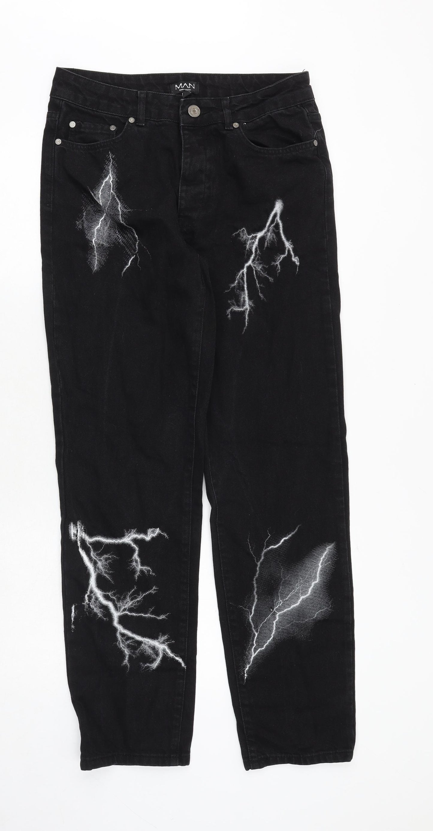 Boohoo Mens Black Cotton Straight Jeans Size 30 in Regular Zip - Lighting bolt effect
