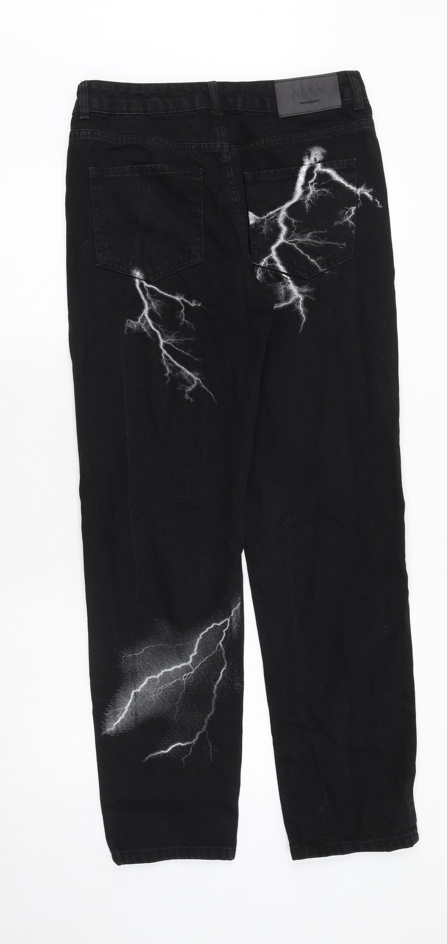 Boohoo Mens Black Cotton Straight Jeans Size 30 in Regular Zip - Lighting bolt effect