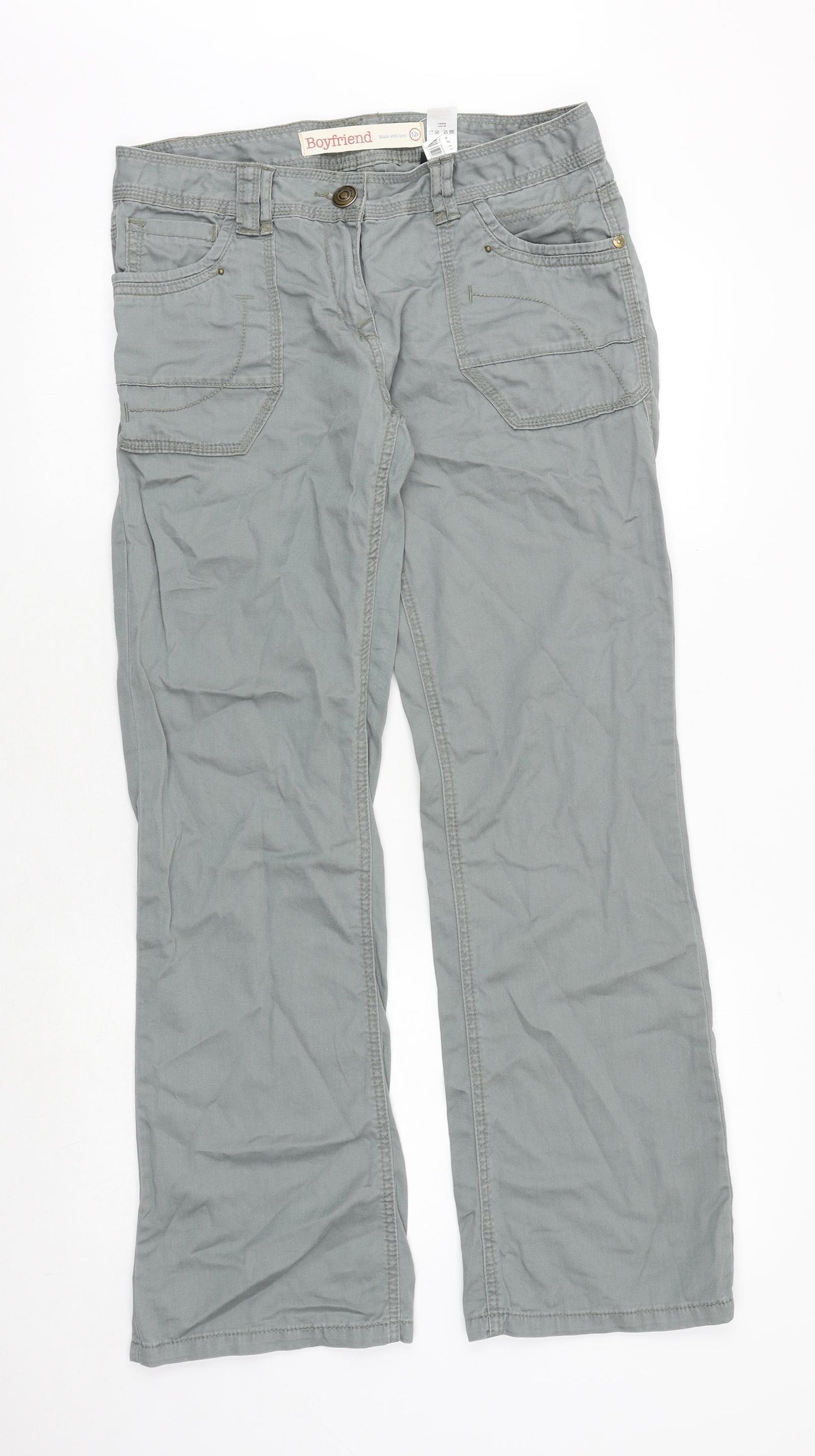 NEXT Womens Grey Cotton Boyfriend Jeans Size 12 Regular Zip