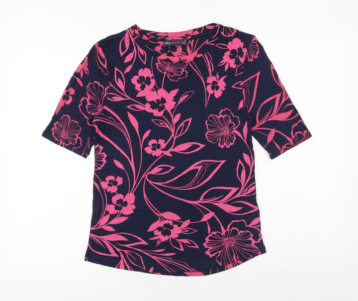 Marks and Spencer Womens Blue Floral Viscose Basic T-Shirt Size 10 Round Neck