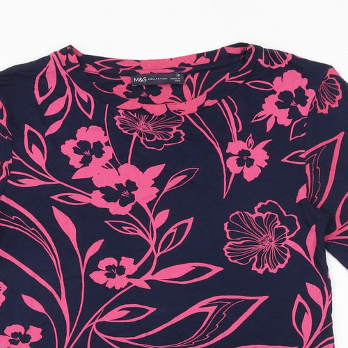 Marks and Spencer Womens Blue Floral Viscose Basic T-Shirt Size 10 Round Neck