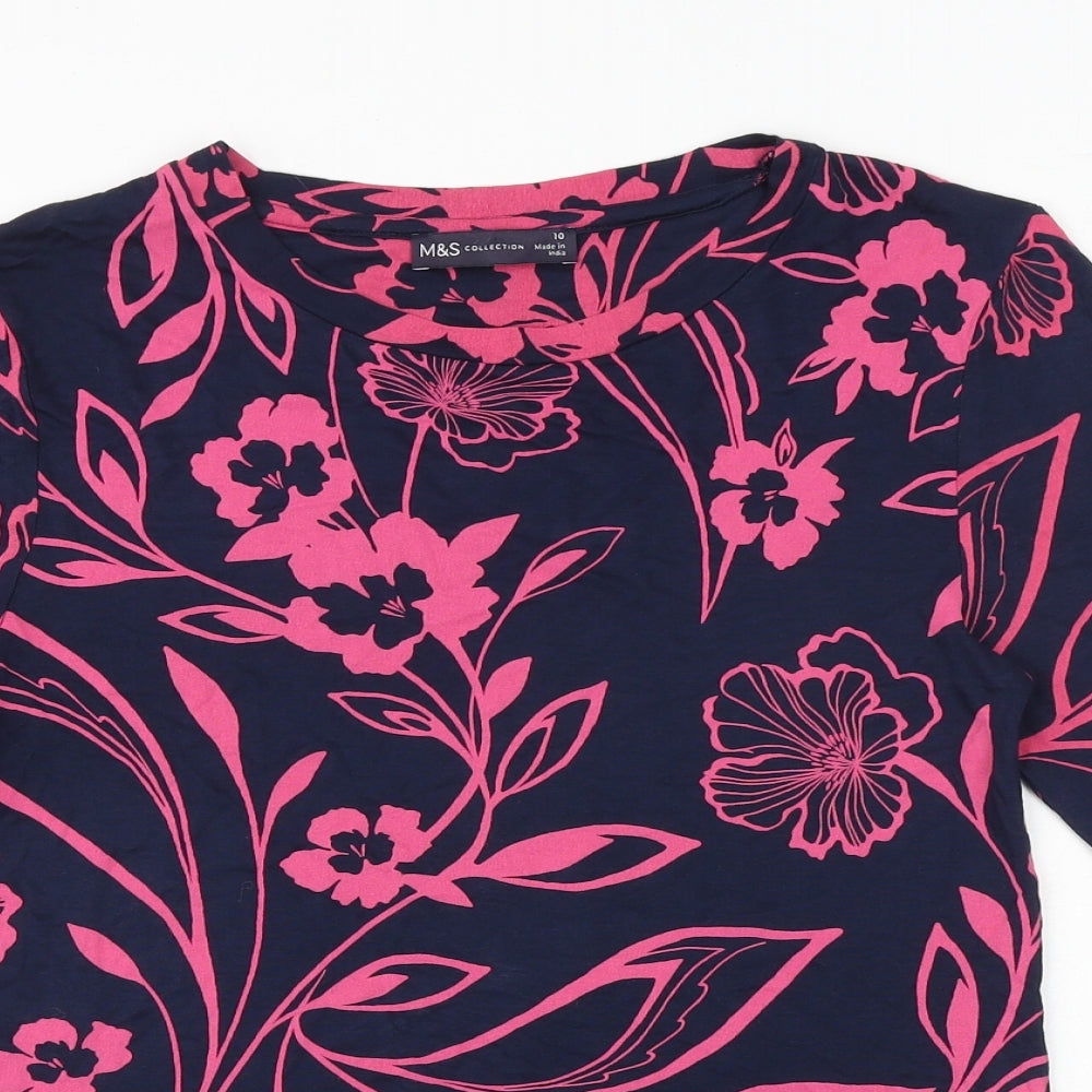 Marks and Spencer Womens Blue Floral Viscose Basic T-Shirt Size 10 Round Neck