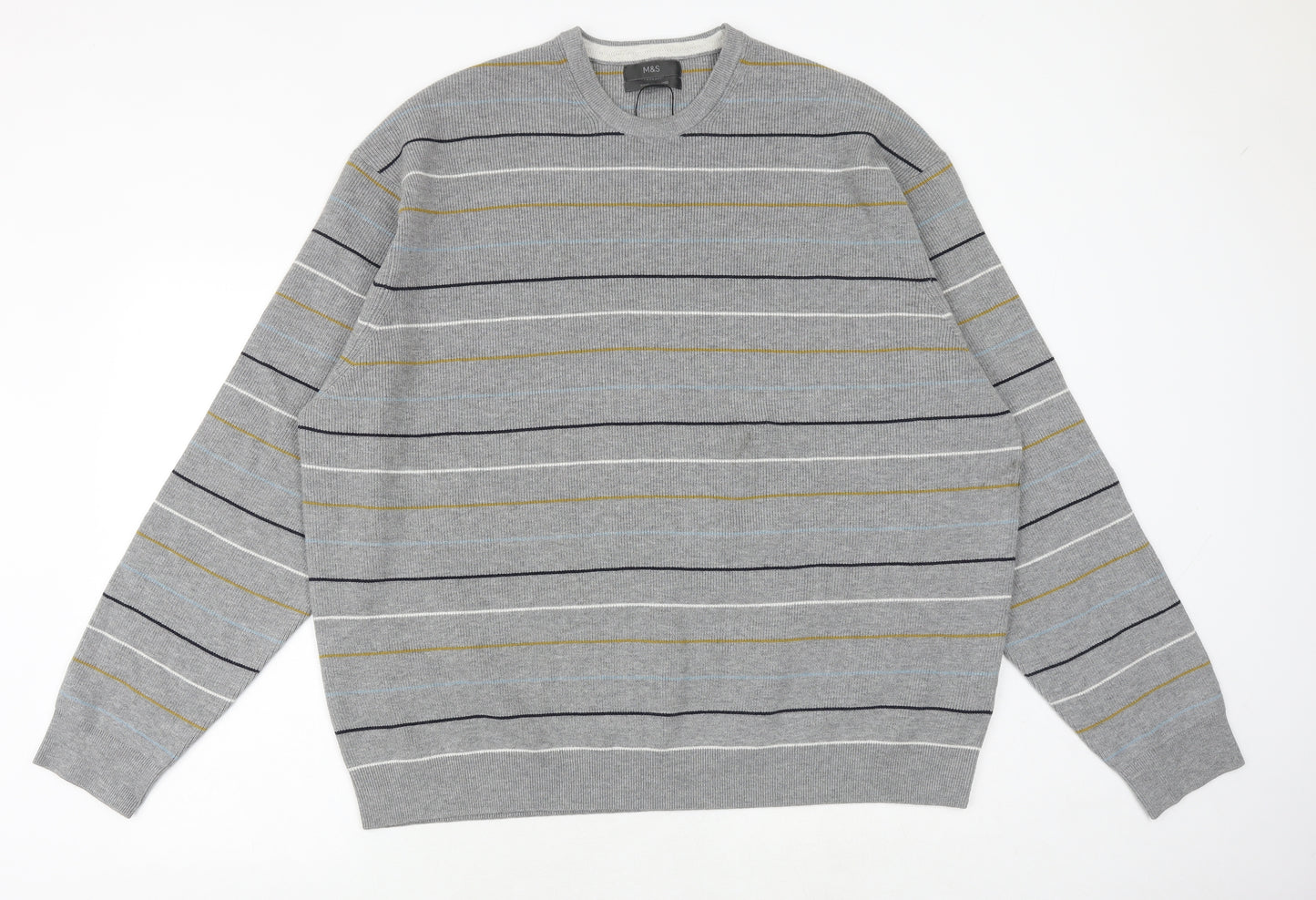Marks and Spencer Mens Grey Round Neck Striped Polyester Pullover Jumper Size 3XL Long Sleeve