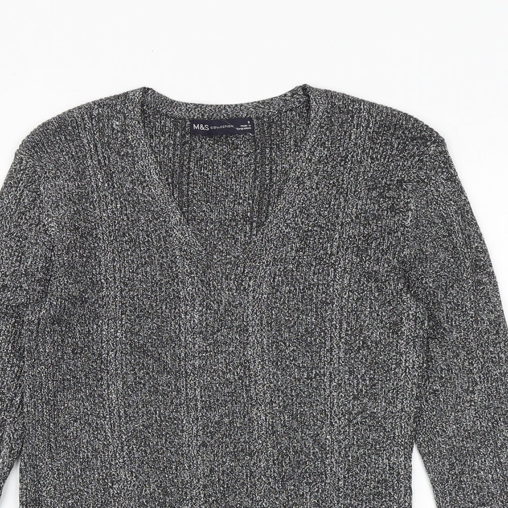 Marks and Spencer Womens Silver Geometric Viscose Basic Blouse Size 8 V-Neck