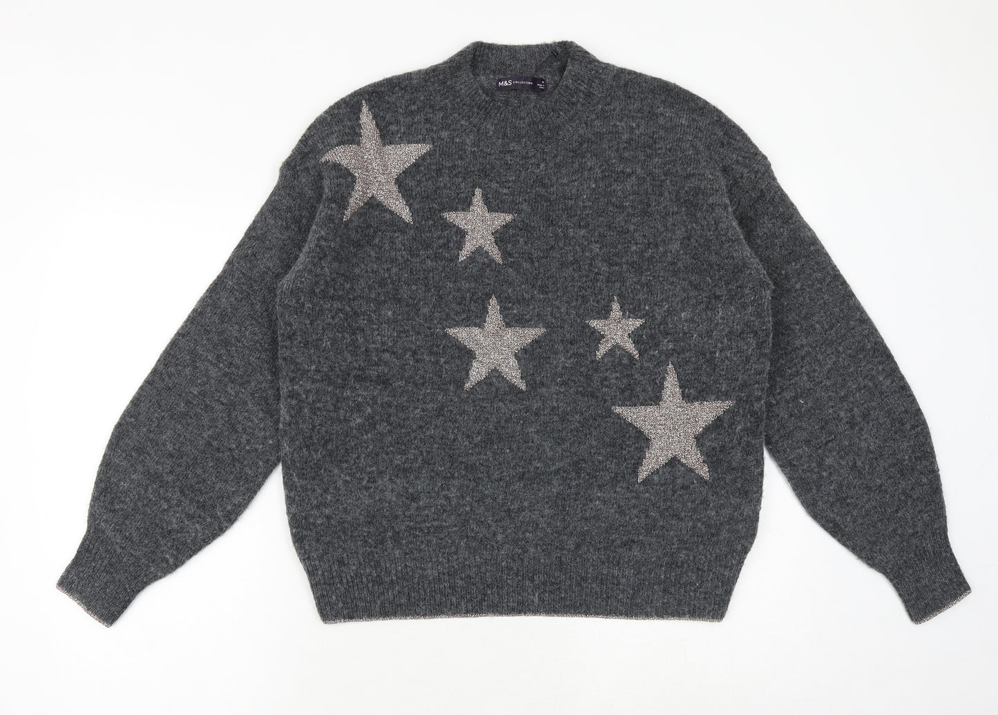 Marks and Spencer Womens Grey Round Neck Geometric Polyester Pullover Jumper Size M - Stars