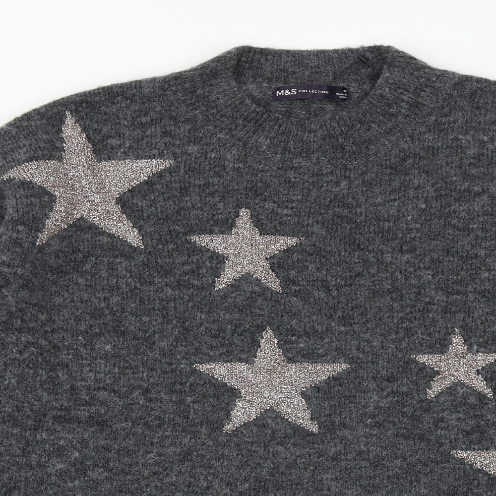 Marks and Spencer Womens Grey Round Neck Geometric Polyester Pullover Jumper Size M - Stars