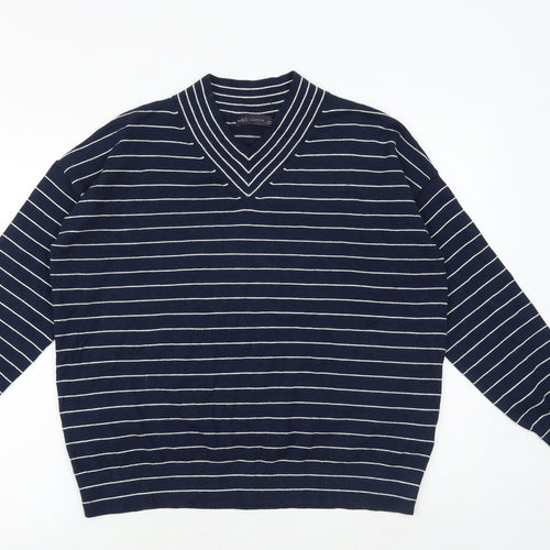 Marks and Spencer Womens Blue V-Neck Striped Viscose Pullover Jumper Size M