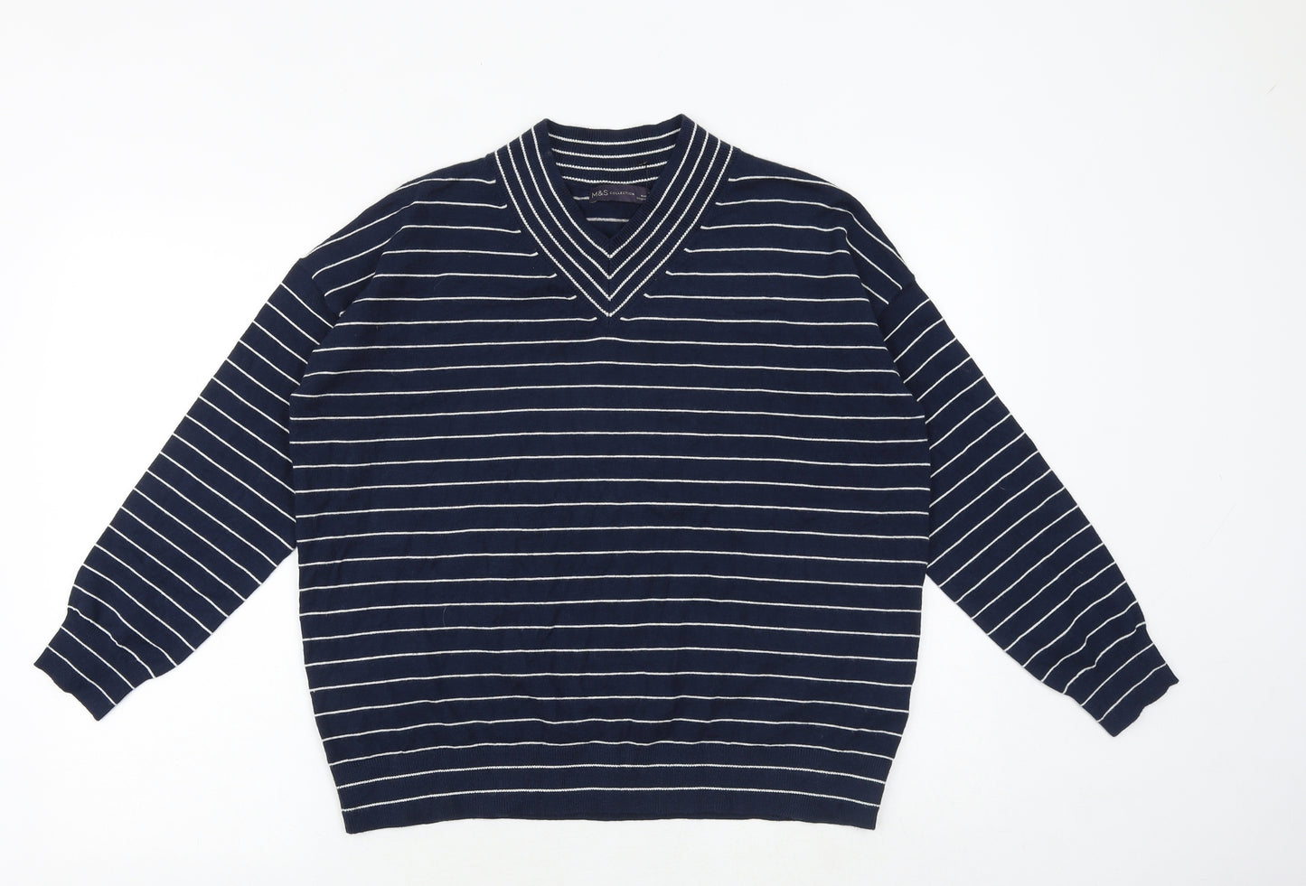 Marks and Spencer Womens Blue V-Neck Striped Viscose Pullover Jumper Size M