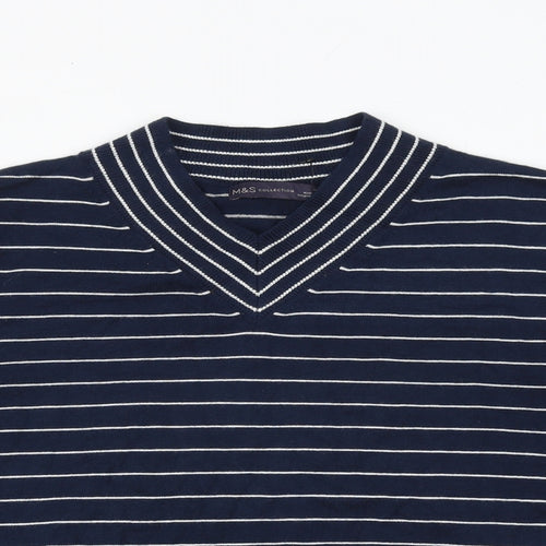 Marks and Spencer Womens Blue V-Neck Striped Viscose Pullover Jumper Size M