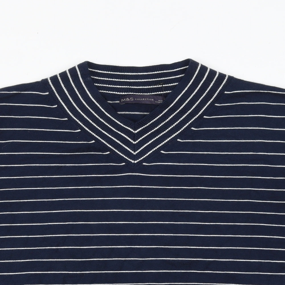 Marks and Spencer Womens Blue V-Neck Striped Viscose Pullover Jumper Size M