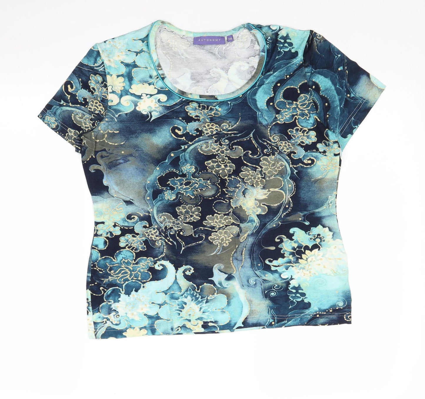 Autonomy Womens Blue Geometric Viscose Basic T-Shirt Size 14 Round Neck