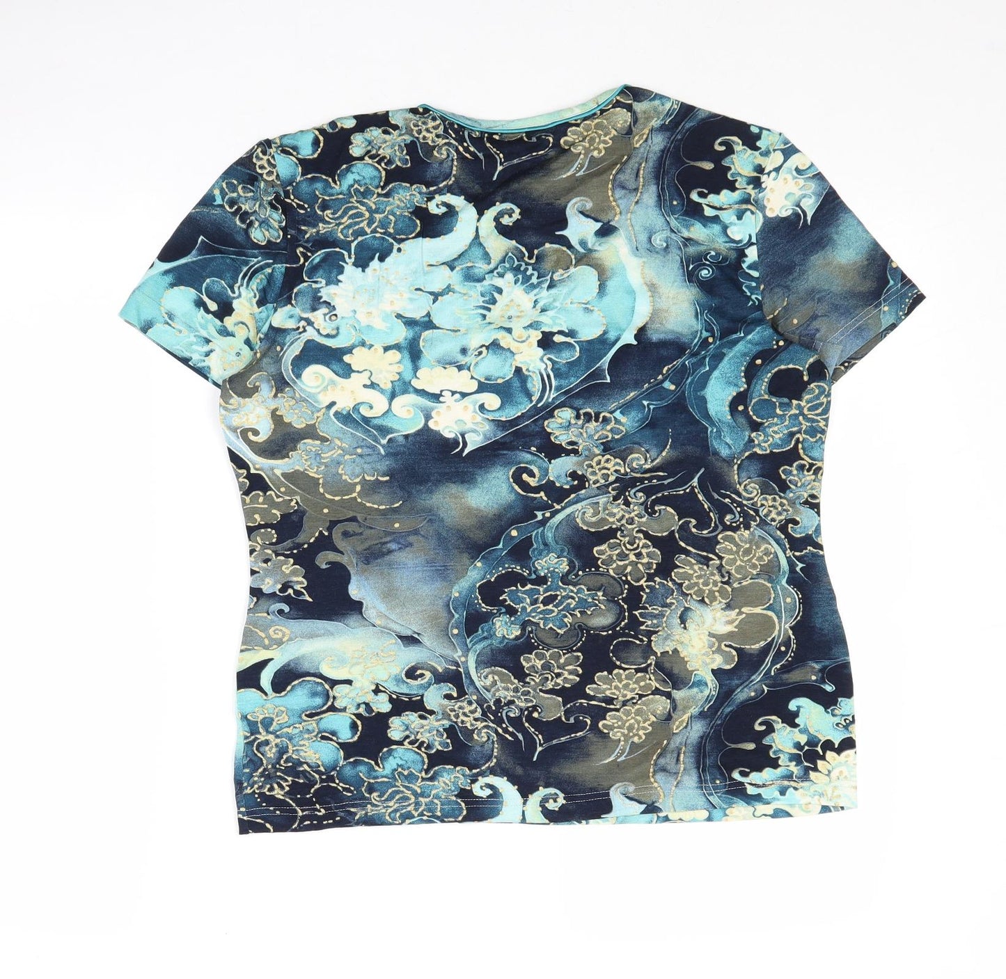 Autonomy Womens Blue Geometric Viscose Basic T-Shirt Size 14 Round Neck