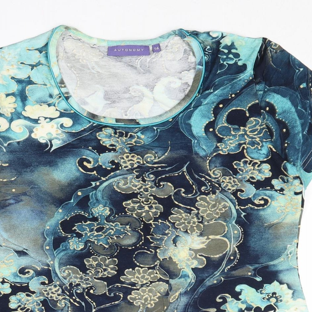 Autonomy Womens Blue Geometric Viscose Basic T-Shirt Size 14 Round Neck