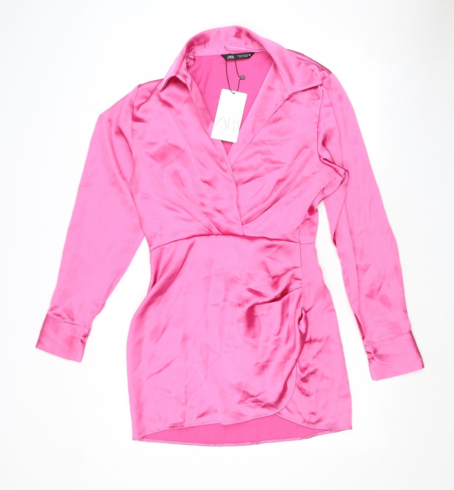 Zara Womens Pink Polyester Shirt Dress Size S Collared Zip