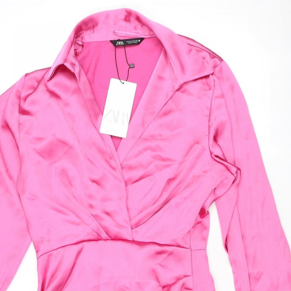 Zara Womens Pink Polyester Shirt Dress Size S Collared Zip