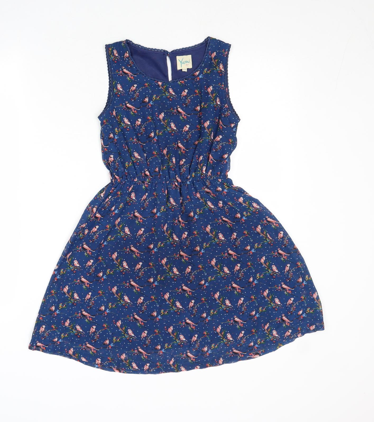 Yumi Girls Blue Geometric Polyester Fit & Flare Size 9-10 Years Boat Neck Button - Bird Pattern