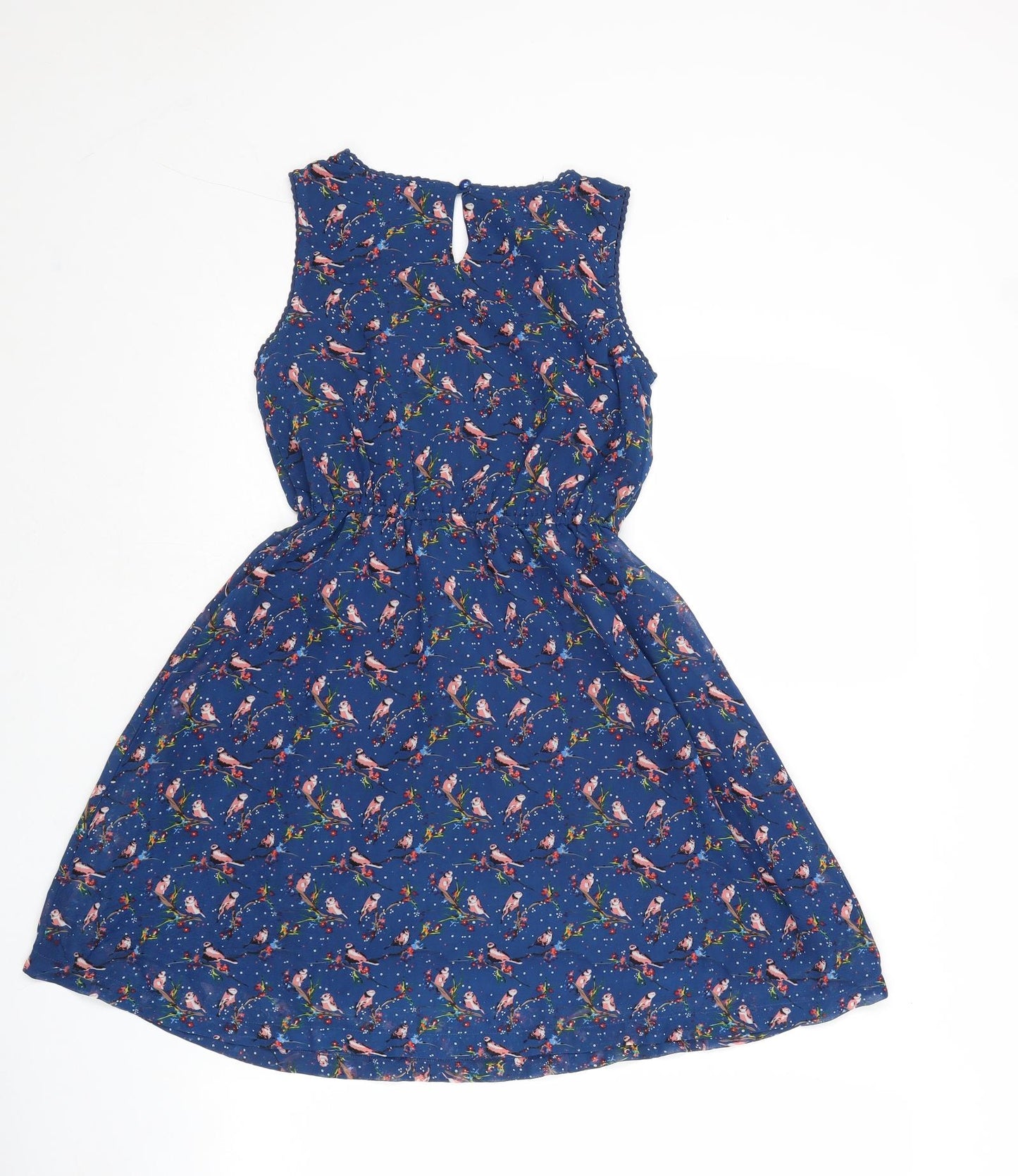 Yumi Girls Blue Geometric Polyester Fit & Flare Size 9-10 Years Boat Neck Button - Bird Pattern