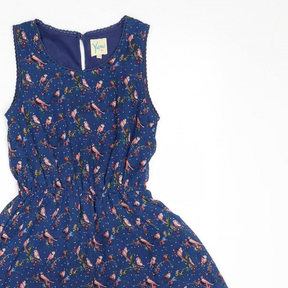 Yumi Girls Blue Geometric Polyester Fit & Flare Size 9-10 Years Boat Neck Button - Bird Pattern