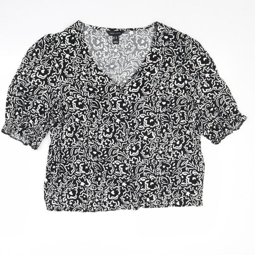 New Look Womens Black Floral Viscose Basic Button-Up Size 14 V-Neck