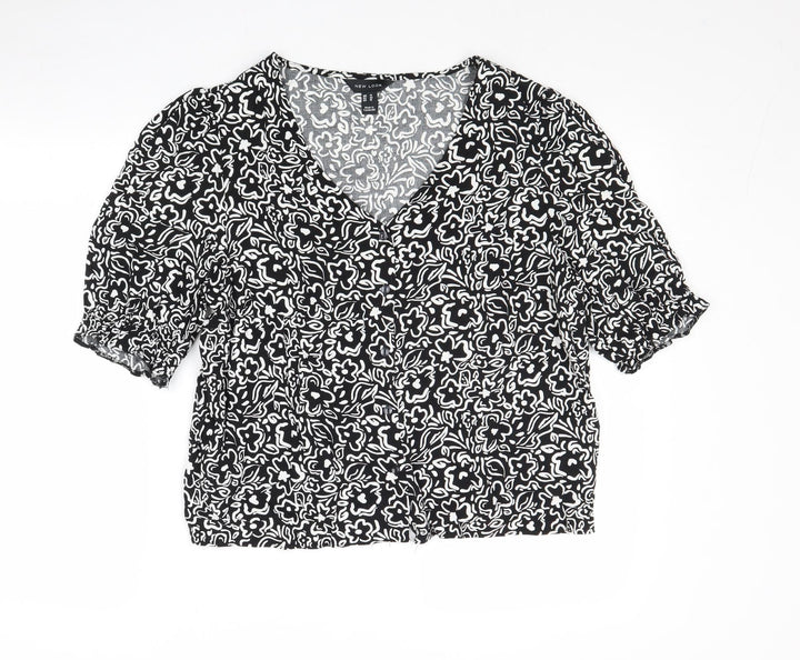 New Look Womens Black Floral Viscose Basic Button-Up Size 14 V-Neck
