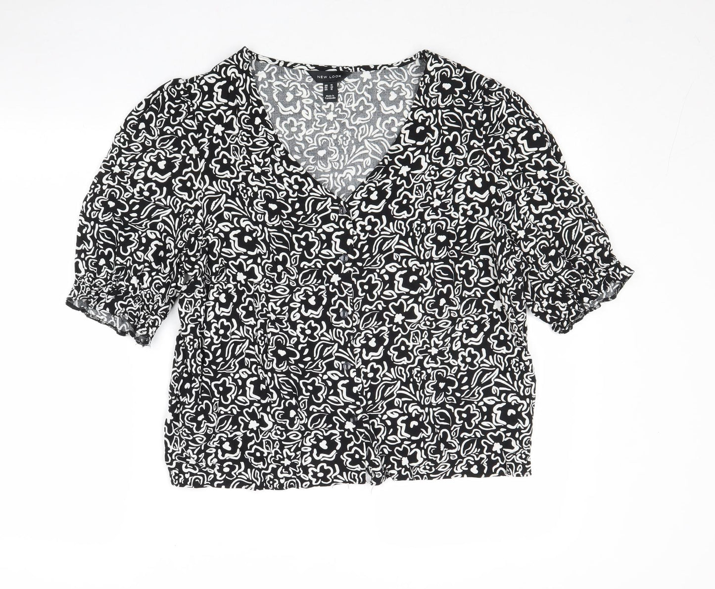 New Look Womens Black Floral Viscose Basic Button-Up Size 14 V-Neck