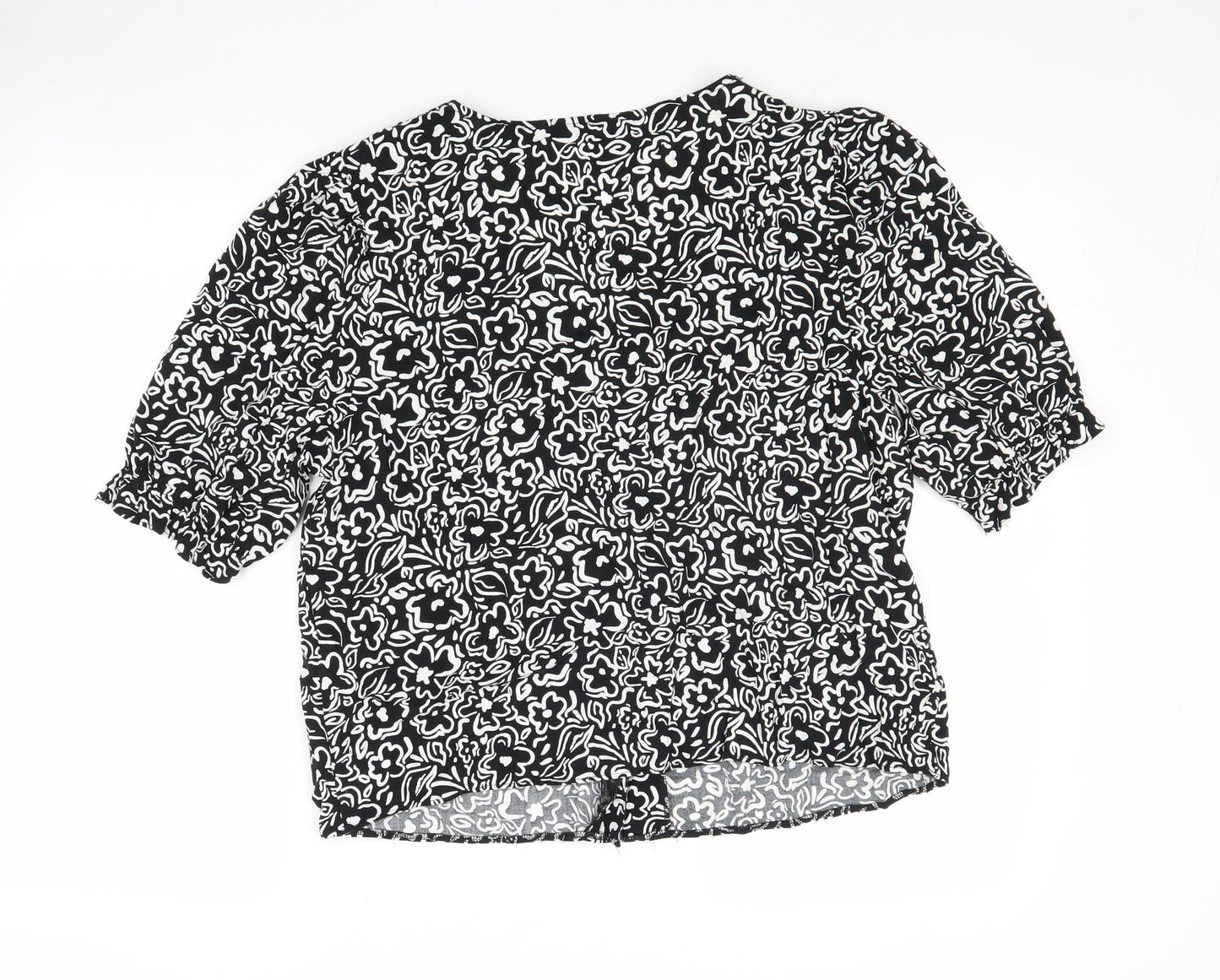 New Look Womens Black Floral Viscose Basic Button-Up Size 14 V-Neck