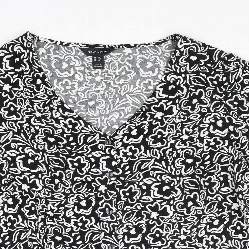 New Look Womens Black Floral Viscose Basic Button-Up Size 14 V-Neck