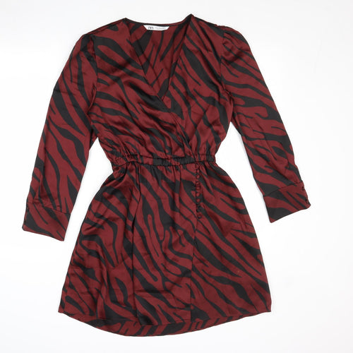 Zara Womens Red Animal Print Polyester Mini Size S V-Neck Button - Elastic Waist
