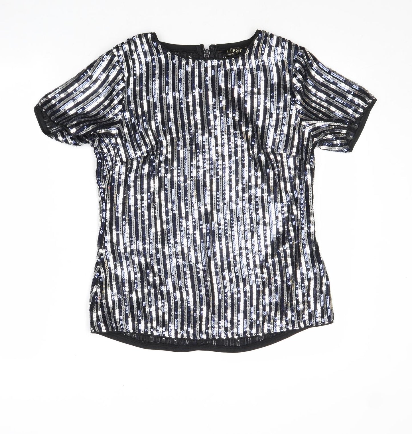 Lipsy Womens Silver Striped Polyester Basic T-Shirt Size 10 Round Neck