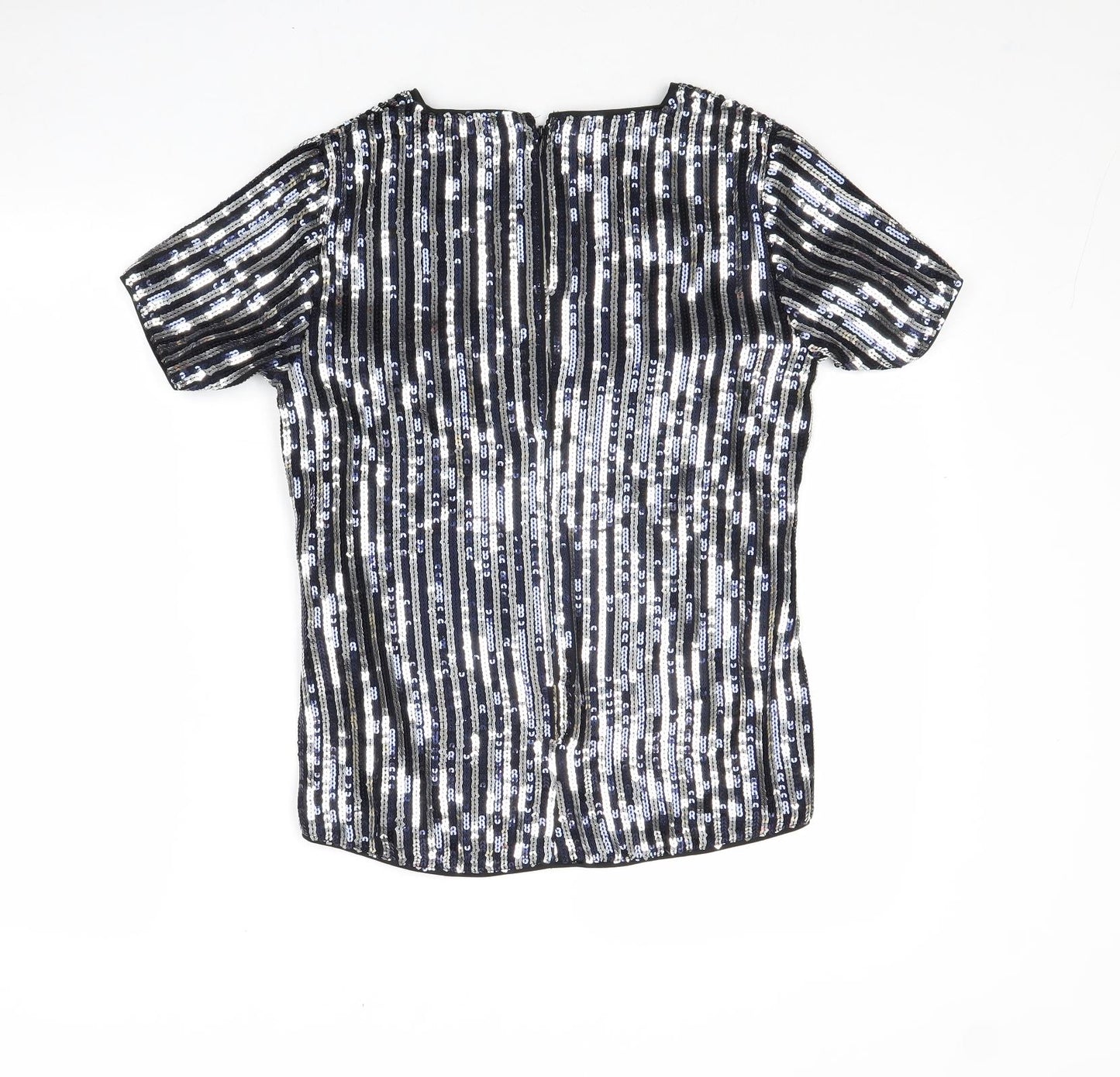 Lipsy Womens Silver Striped Polyester Basic T-Shirt Size 10 Round Neck