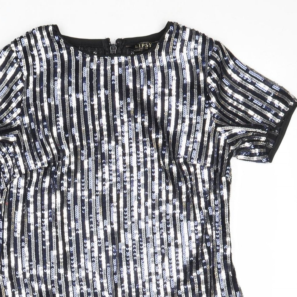 Lipsy Womens Silver Striped Polyester Basic T-Shirt Size 10 Round Neck
