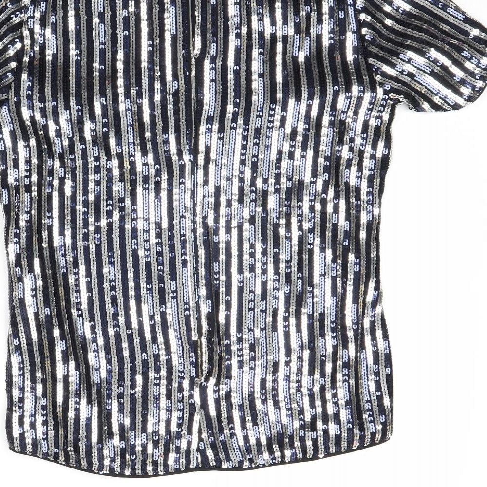 Lipsy Womens Silver Striped Polyester Basic T-Shirt Size 10 Round Neck