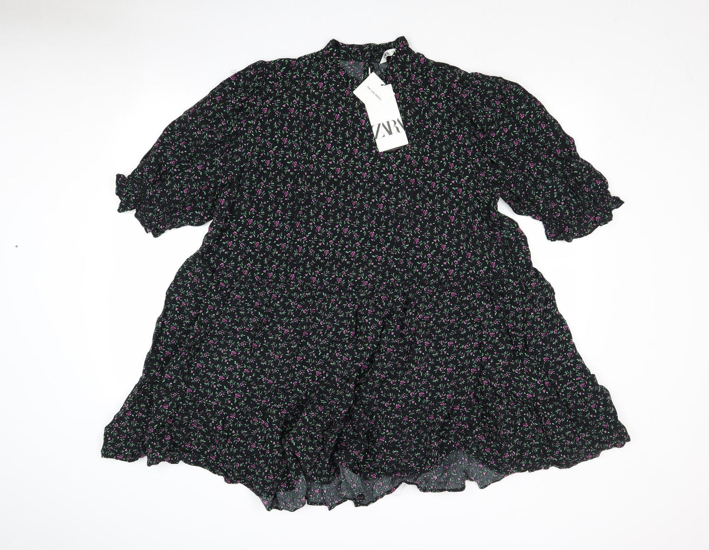 Zara Womens Black Floral Viscose A-Line Size L Mock Neck Button