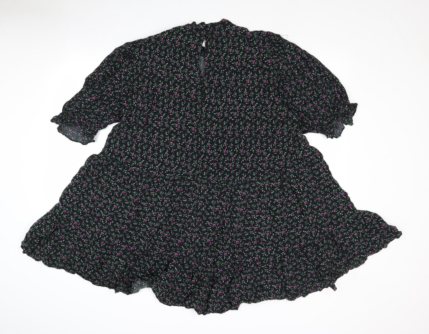 Zara Womens Black Floral Viscose A-Line Size L Mock Neck Button