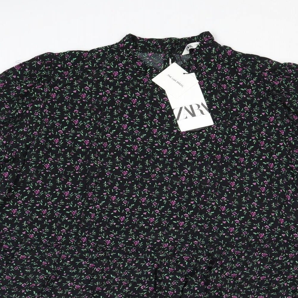 Zara Womens Black Floral Viscose A-Line Size L Mock Neck Button