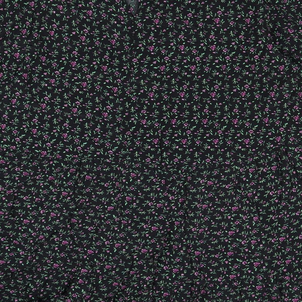Zara Womens Black Floral Viscose A-Line Size L Mock Neck Button
