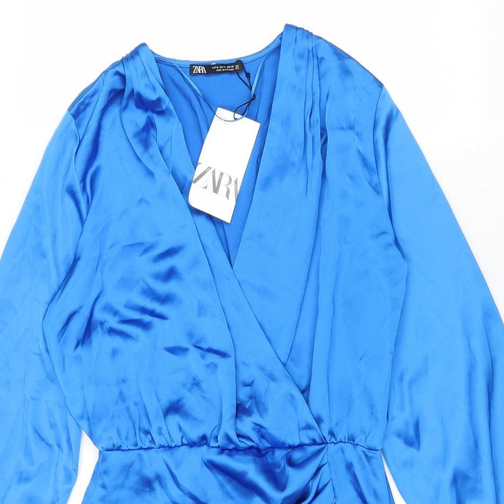 Zara Womens Blue Polyester Mini Size M V-Neck Zip