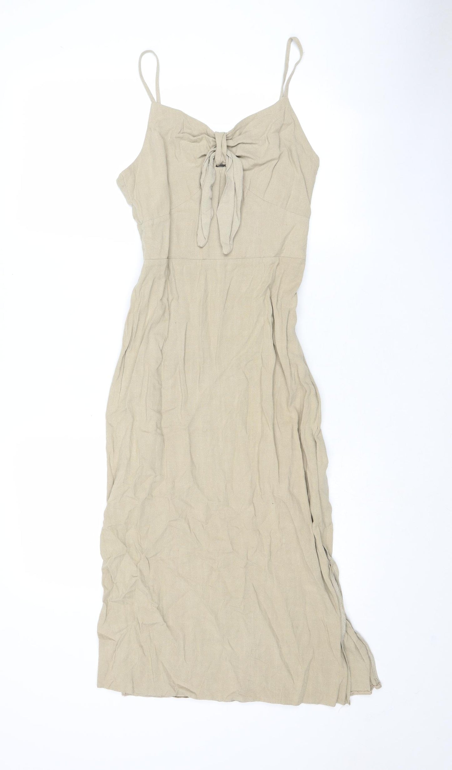 New Look Womens Beige Viscose Slip Dress Size 8 Sweetheart Zip - Tie Front Detail