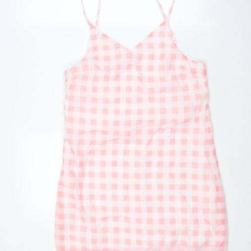 In the Style Womens Pink Check Polyester Slip Dress Size L V-Neck Zip