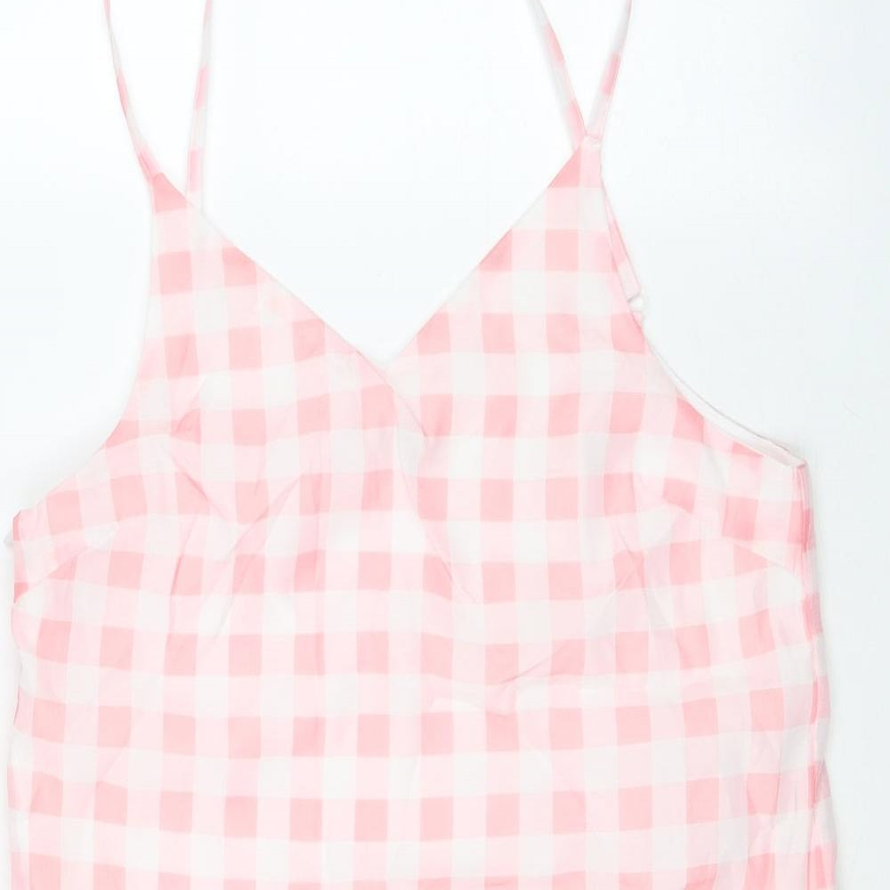 In the Style Womens Pink Check Polyester Slip Dress Size L V-Neck Zip