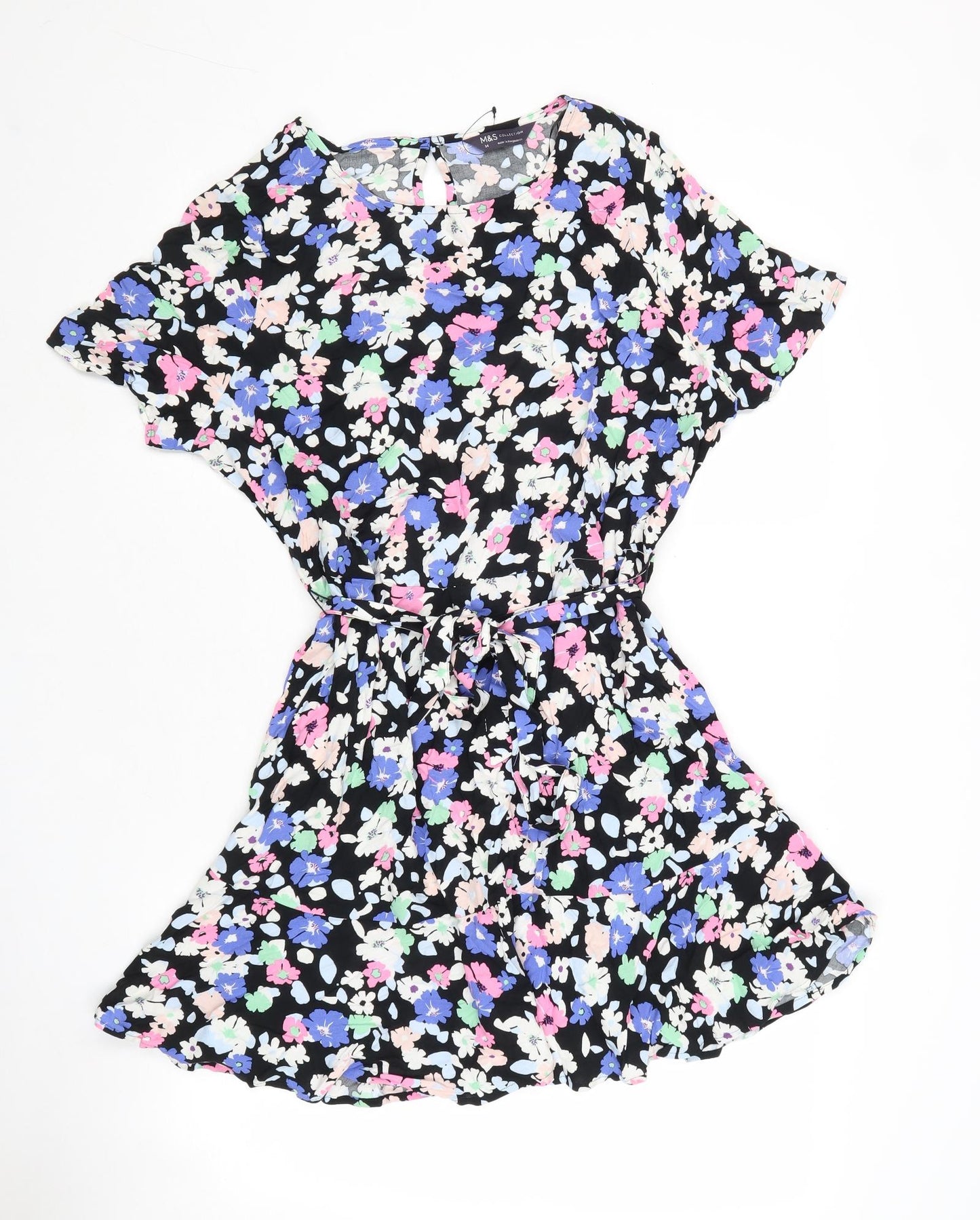 Marks and Spencer Womens Multicoloured Floral Viscose Fit & Flare Size 14 Boat Neck Button