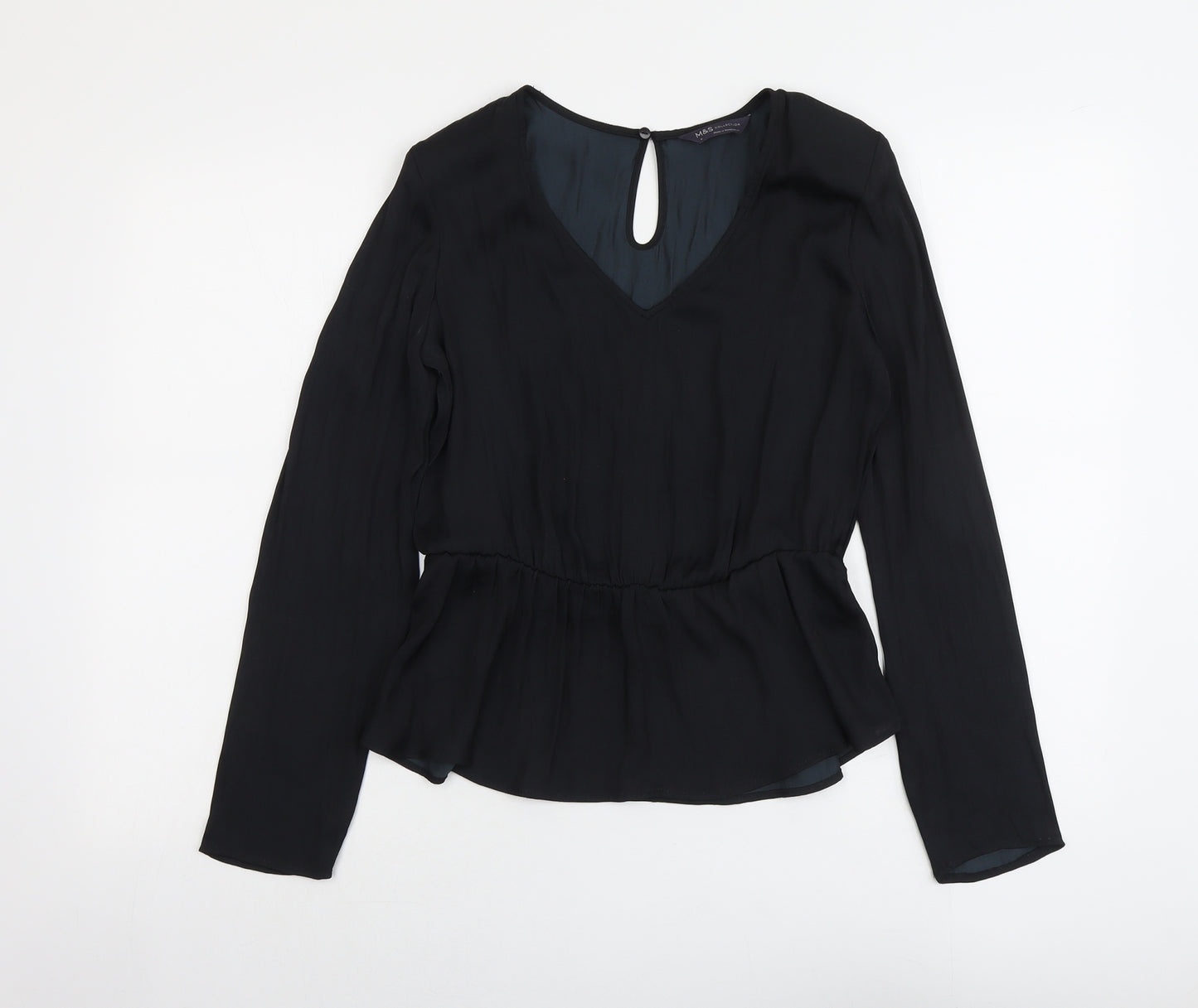 Marks and Spencer Womens Black Polyester Basic Blouse Size 8 V-Neck