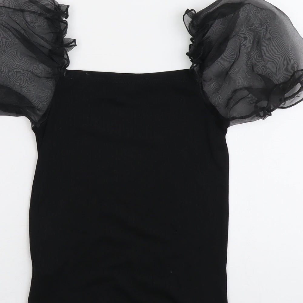 New Look Womens Black Polyester Basic Tank Size 10 Square Neck - Sheer Sleeves